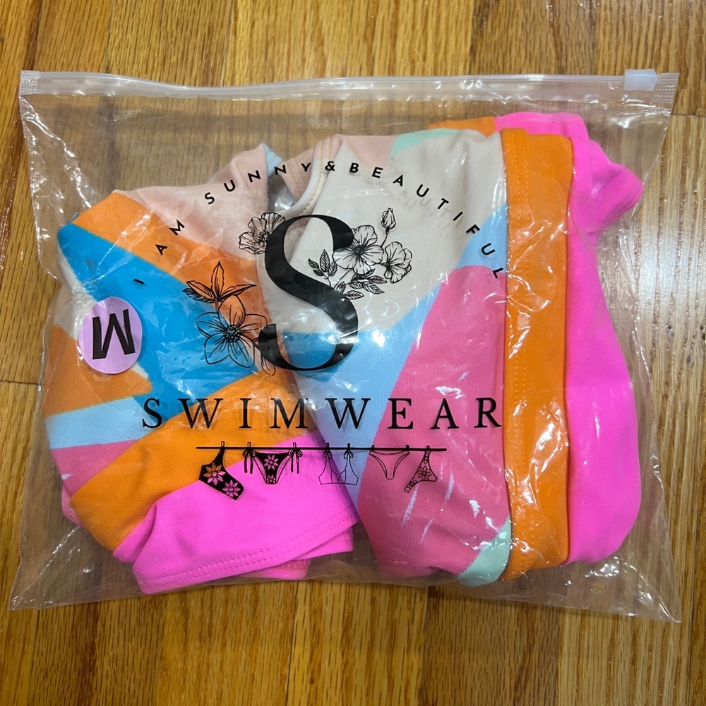 Colorblock Neon Pink Orange Blue Swimwear Set